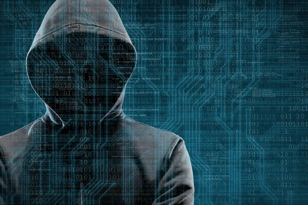 Dijital Arka Plan Üzerinde Anonim Bilgisayar Korsanı Gizlenmiş Karanlık Yüz — Stok fotoğraf