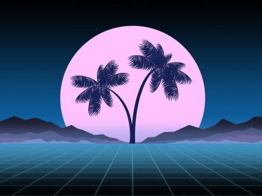 Parlak neon, synthwave ve retrowave arka plan şablonu. Retro video oyunları, fütüristik tasarım, müzik, 80s rave bilgisayar grafik ve bilim kurgu teknolojisi kavramı.