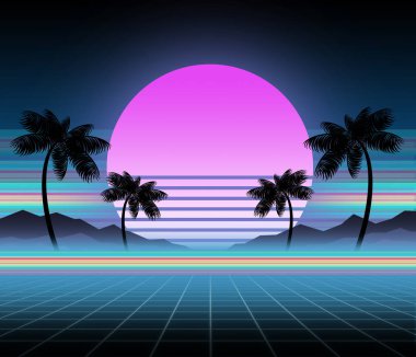Synthwave ve retrowave arka plan şablonu. Avuç içi, güneş ve bilgisayar oyunu uzayda. Retro tasarımı, övgü dolu müzik, 80s bilgisayar grafik ve bilim kurgu teknolojisi kavramı.