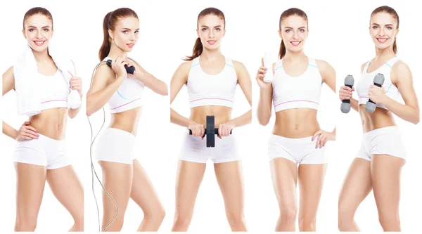 Kobieta Piękna Sprawny Treningu Fitness Białym Tle Kolaż Sport Żywienia — Zdjęcie stockowe