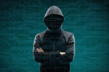Dijital arka plan üzerinde anonim bilgisayar korsanı. Gizlenmiş karanlık yüz maskesi ve hood. Veri hırsız, internet saldırı, darknet dolandırıcılık, tehlikeli bir virüs ve siber güvenlik kavramı.
