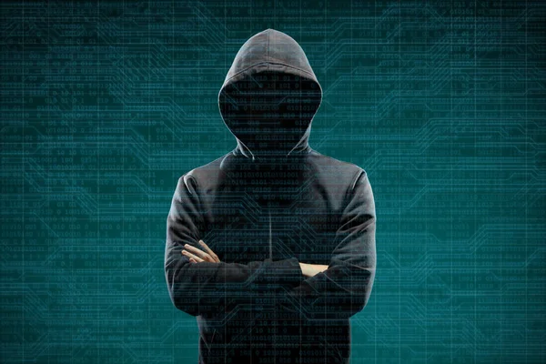 Anonymous computer hacker over abstract digital background. Obscured dark face in mask and hood. Data thief, internet attack, darknet fraud, dangerous viruses and cyber security concept.