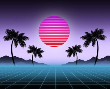 Parlak neon, synthwave ve retrowave arka plan şablonu. Retro video oyunları, fütüristik tasarım, müzik, 80s rave bilgisayar grafik ve bilim kurgu teknolojisi kavramı.