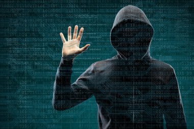 Maske ve kapüşonlu ikili arka plan üzerinde bilgisayar korsanı. Gizlenmiş karanlık yüzü. Veri hırsız, internet dolandırıcılık, darknet ve siber güvenlik kavramı.