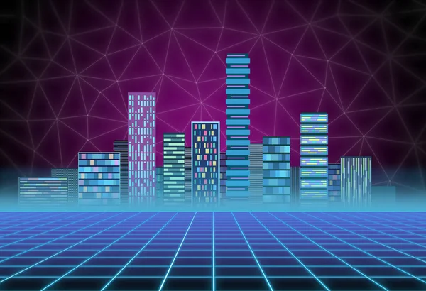 stock image Urban background: futuristic hi-tech city in neon glow. Synthwave, retrowave, abstract metropolis and primitive megalopolis concept