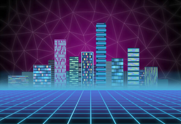 Urban background: futuristic hi-tech city in neon glow. Synthwave, retrowave, abstract metropolis and primitive megalopolis concept
