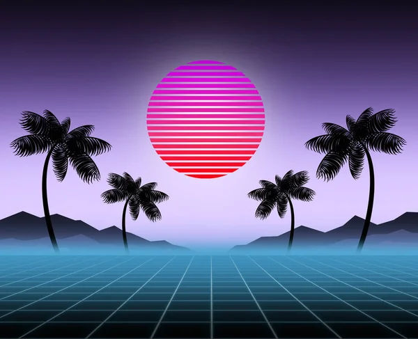 Glowing neon, synthwave and retrowave background template. Retro video games, futuristic design, rave music, 80s computer graphics and sci-fi technology concept.