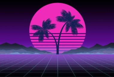 Synthwave ve retrowave arka plan şablonu. Avuç içi, güneş ve bilgisayar oyunu uzayda. Retro tasarımı, övgü dolu müzik, 80s bilgisayar grafik ve bilim kurgu teknolojisi kavramı.