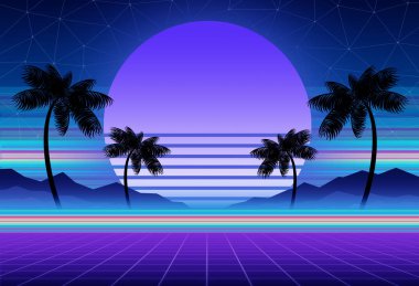 Synthwave ve retrowave arka plan şablonu. Avuç içi, güneş ve bilgisayar oyunu uzayda. Retro tasarımı, övgü dolu müzik, 80s bilgisayar grafik ve bilim kurgu teknolojisi kavramı.