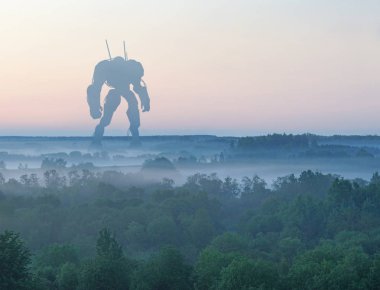 Sci-Fi askeri dev savaş makinesi. İnsansı robot apocalypse kırsal kesimde. Distopya, bilim kurgu, savaş robotu ve muharebe teknoloji kavramı. Şekil kolaj bir trafo silueti ile.