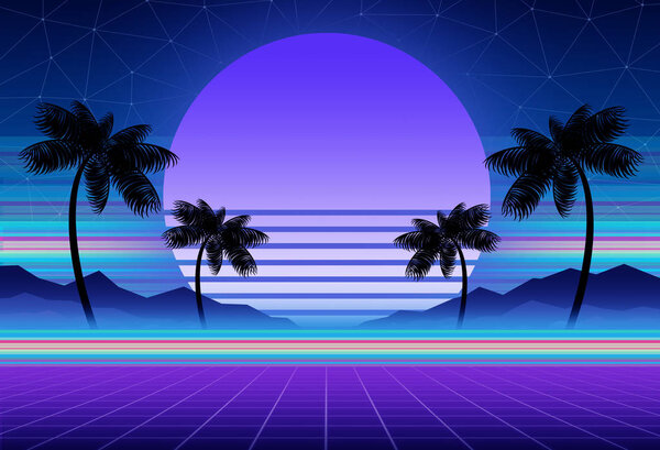 Synthwave and retrowave background template. Palms, sun and space in computer game. Retro design, rave music, 80s computer graphics and sci-fi technology concept.