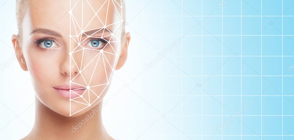 Portrait of attractive woman with a scnanning grid on her face. Face id, security, facial recognition, future technology concept.