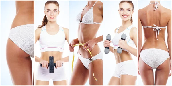 スポーティで美しい少女が白で隔離 女性フィットネス トレーニング コレクション ダイエット スポーツ 体のケアの概念 — ストック写真