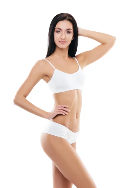 Young Fit Beautiful Brunette Girl White Swimsuit Healthcare Diet Sport — Stock Photo, Image