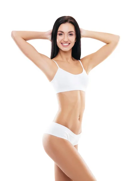 Young Fit Beautiful Brunette Girl White Swimsuit Healthcare Diet Sport — Stock Photo, Image