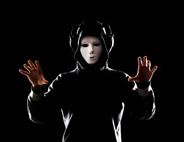 Portrait Computer Hacker White Mask Hoodie Obscured Dark Face Data — Stock Photo, Image