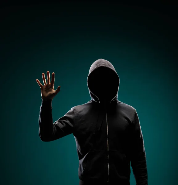 Retrato Del Hacker Con Capucha Cara Oscura Oscura Ladrón Datos —  Fotos de Stock