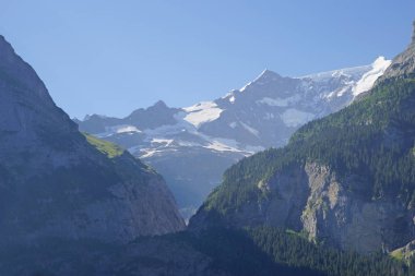 Grindelwald ve Jungfrau dağ doruklarına. Bernese highland manzara arka plan. Alpler, turizm, seyahat, seyahat ve hiking kavramı.