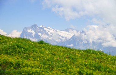 Dağ doruklarına arka plan manzara. Jungfrau, Bernese highland. Alpler, turizm, dağlar kavram hiking yolculuk