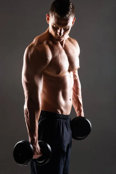 Strong Fit Sporty Bodybuilder Man Dumbbells Black Background Sport Fitness — Stock Photo, Image