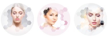 İnsan yüzü bir kolaj. Genç ve sağlıklı kadın plastik cerrahi, tıp, spa ve yüz petek mozaik kavramı kaldırma.