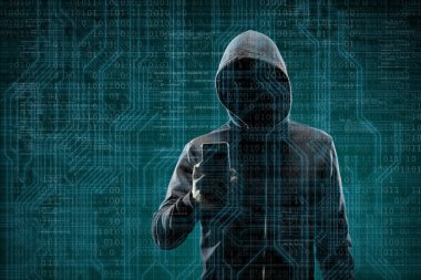 Maske ve kapüşonlu ikili arka plan üzerinde bilgisayar korsanı. Gizlenmiş karanlık yüzü. Veri hırsız, internet dolandırıcılık, darknet ve siber güvenlik kavramı.