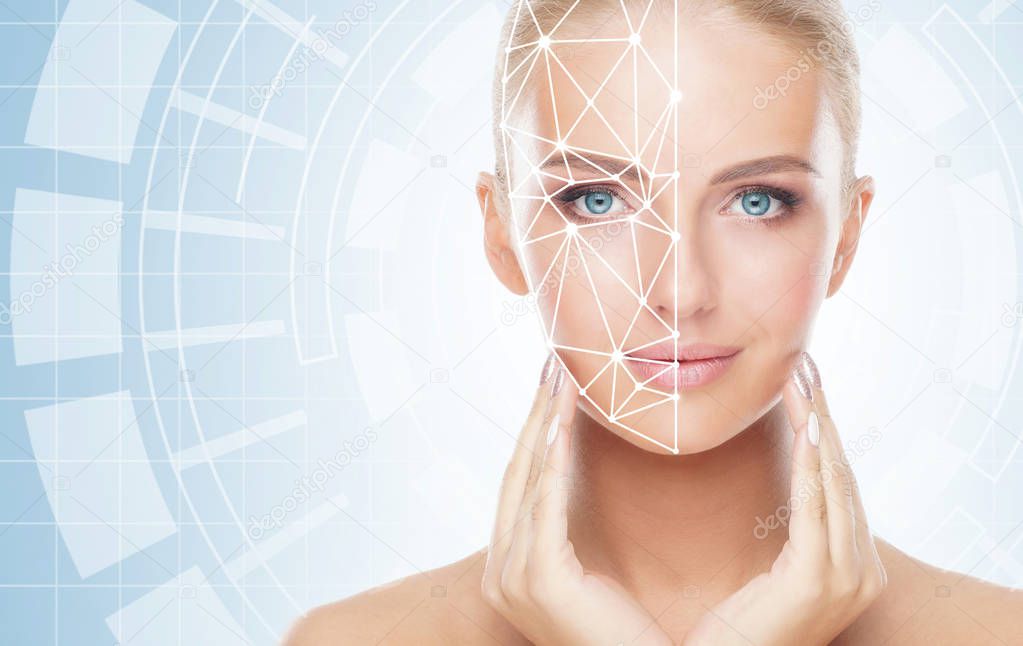 Portrait of attractive woman with a scanning grid on her face. Face id, security, facial recognition, future technology concept.