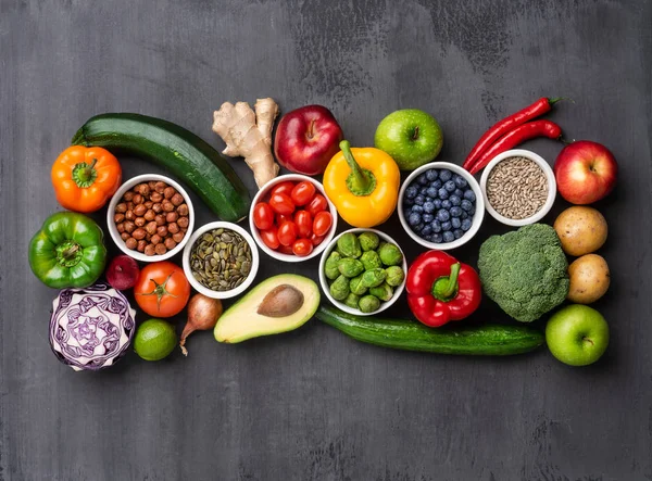 健康饮食配料 新鲜蔬菜 水果和超级食品 素食概念 具体背景 — 图库照片
