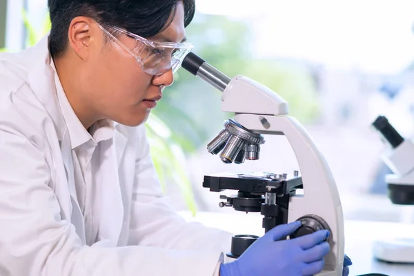 Médico asiático trabalhando em laboratório de pesquisa. Assistente de ciências a fazer experiências farmacêuticas. Química, medicina, bioquímica, biotecnologia e saúde. — Fotografia de Stock