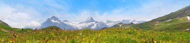 Grindelwald ve Jungfrau dağ doruklarına. Bernese highland manzara arka plan. Alpler, turizm, seyahat, seyahat ve hiking kavramı.
