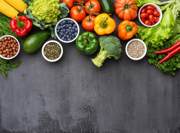 Zdravé Stravovací Přísady Čerstvá Zelenina Ovoce Superpotraviny Výživa Strava Veganská — Stock fotografie