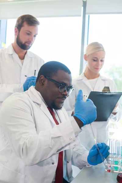 Wissenschaftler Und Studenten Die Labor Arbeiten Doktor Lehrt Praktikanten Blutanalysen — Stockfoto