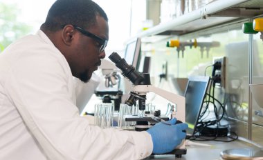 Laboratuvarda çalışan bilim adamları ve öğrenciler. Doktor stajyerlere araştırma yapmayı öğretiyor. Laboratuvar aletleri: mikroskop, test tüpleri, ekipmanlar. Biyoteknoloji, kimya, bakteriyoloji, viroloji, DNA