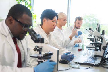 Laboratuvarda çalışan bir bilim adamı. Doktorlar tıbbi araştırma yapıyor. Laboratuvar aletleri: mikroskop, test tüpleri, ekipmanlar. Biyoteknoloji, kimya, bilim, deneyler ve sağlık konsepti. Gün ışığı ve