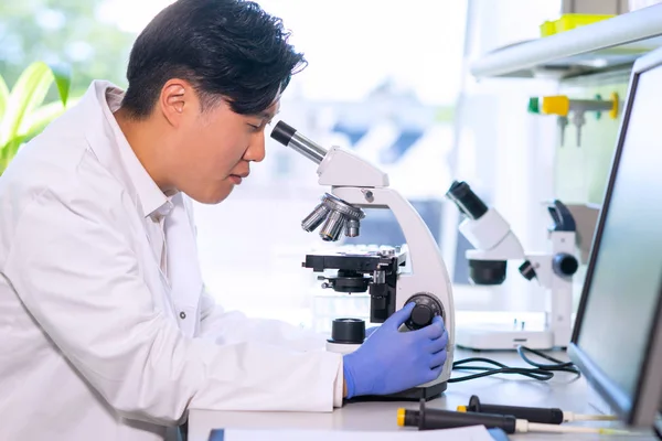 Cientista Asiático Trabalhar Laboratório Médico Fazer Pesquisa Microbiológica Ferramentas Laboratório — Fotografia de Stock