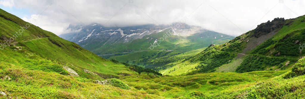 Alpine peaks landscape background. Jungfrau, Bernese highland. Alps, tourism journey hiking concept