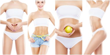 Sportif, uygun ve sağlıklı kadın vücut fitness kolaj. Beyaz izole mayolar genç kadınlar. Spor, sağlık ve diyet kavramı.