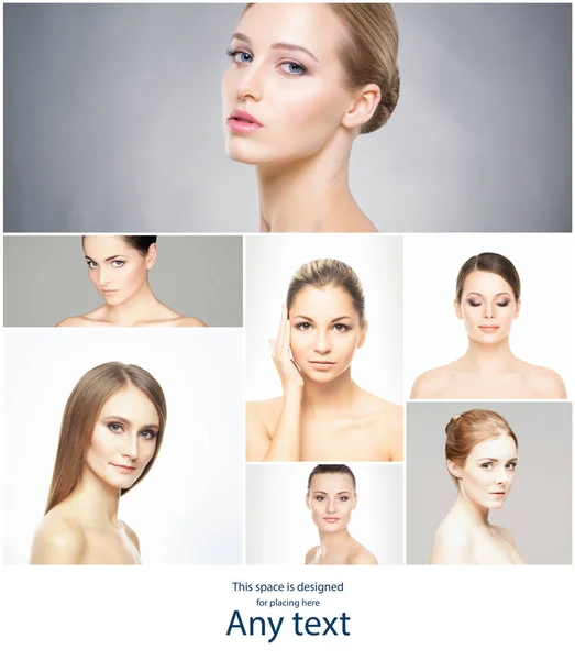 Beaux visages féminins, purs et sains. Portrait de jeunes femmes en collage. Lifting, soins de la peau, chirurgie plastique et concept de maquillage . — Photo
