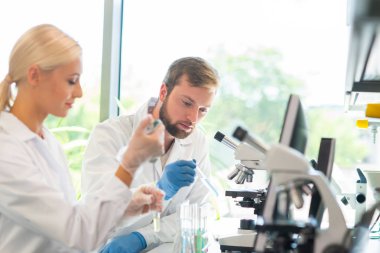 Laboratuvarda çalışan bir bilim adamı. Doktorlar tıbbi araştırma yapıyor. Laboratuvar aletleri: mikroskop, test tüpleri, ekipmanlar. Biyoteknoloji, kimya, bilim, deneyler ve sağlık konsepti. Gün ışığı ve