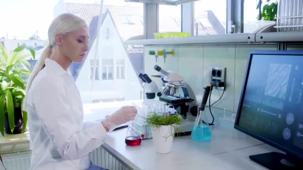 Женщина-ученый работает в современной лаборатории. Доктор проводит микробиологические исследования. Биотехнологии, химия, бактериология, вирусология, ДНК и здравоохранение . — стоковое видео