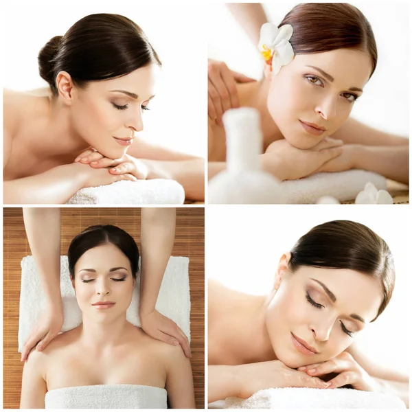 Kobiety relaksujące się w kolekcji spa. Wellness, uzdrowienie, odmłodzenie, opieka zdrowotna i aromaterapia. — Zdjęcie stockowe