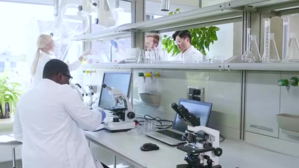 Wetenschapper en studenten werken in het lab. Dokter die stagiaires leert om onderzoek te analyseren. Laboratoriumgereedschappen: microscoop, reageerbuizen, apparatuur. Biotechnologie, chemie, bacteriologie, virologie. — Stockvideo