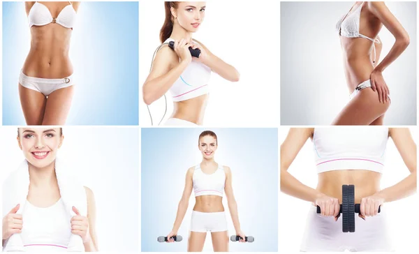 Fit, jong en mooi vrouwelijk lichaam. Dikke verliezen, gezondheid, sport, fitness, voeding, liposuctie, gezonde levensstijl concept. Vrouw in een fitness collectie. — Stockfoto