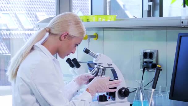 Wissenschaftlerin, die im modernen Labor arbeitet. Arzt, der mikrobiologische Forschung betreibt. Biotechnologie, Chemie, Bakteriologie, Virologie, dna und Gesundheitskonzept. — Stockvideo