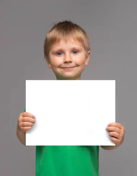 Portrait Happy Smiling Boy Green Shirt Attractive Kid Studio Grey — Stock Photo, Image