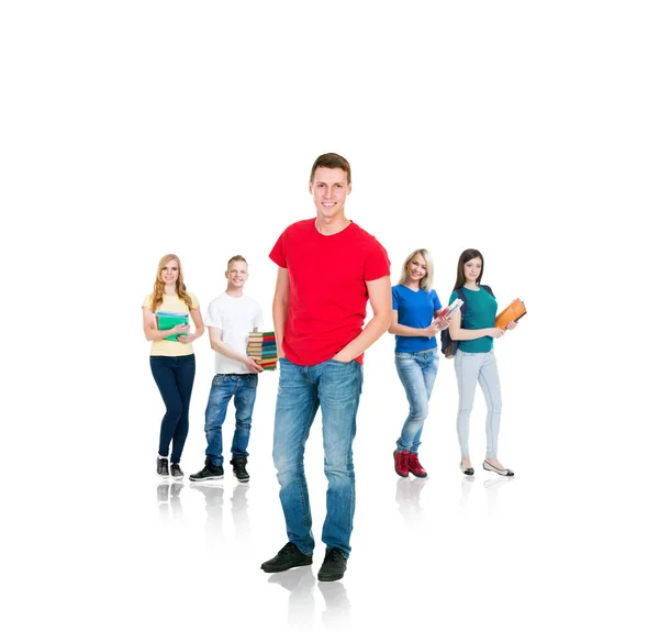 Grande Grupo Estudantes Adolescentes Isolados Fundo Branco Muitas Pessoas Diferentes — Fotografia de Stock