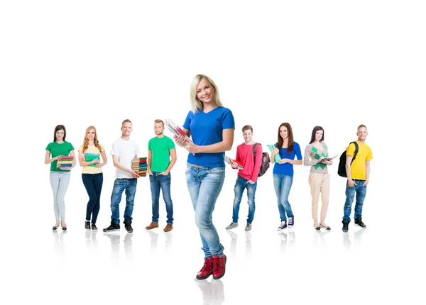 Grande Grupo Estudantes Adolescentes Isolados Fundo Branco Muitas Pessoas Diferentes — Fotografia de Stock