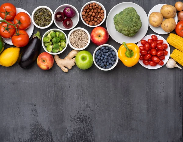 Ingredientes Alimentares Saudáveis Legumes Frescos Frutas Superalimentos Nutrição Dieta Conceito — Fotografia de Stock