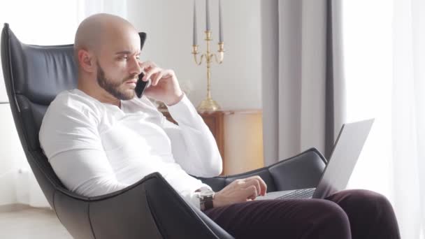 Bearded Businessman Working Home Sitting Armchair Using Computer Technologies Business — Stock Video