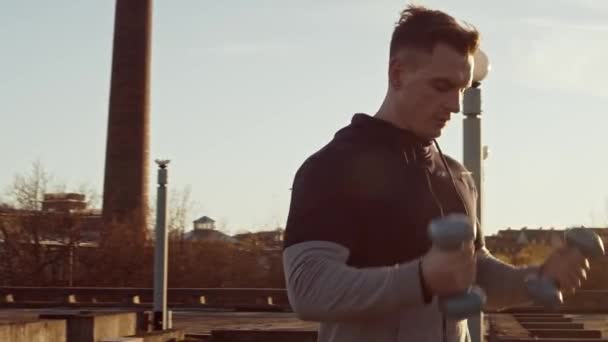 Young Fit Man Having Evening Workout Outdoor Urban Sunset Background — Stock Video